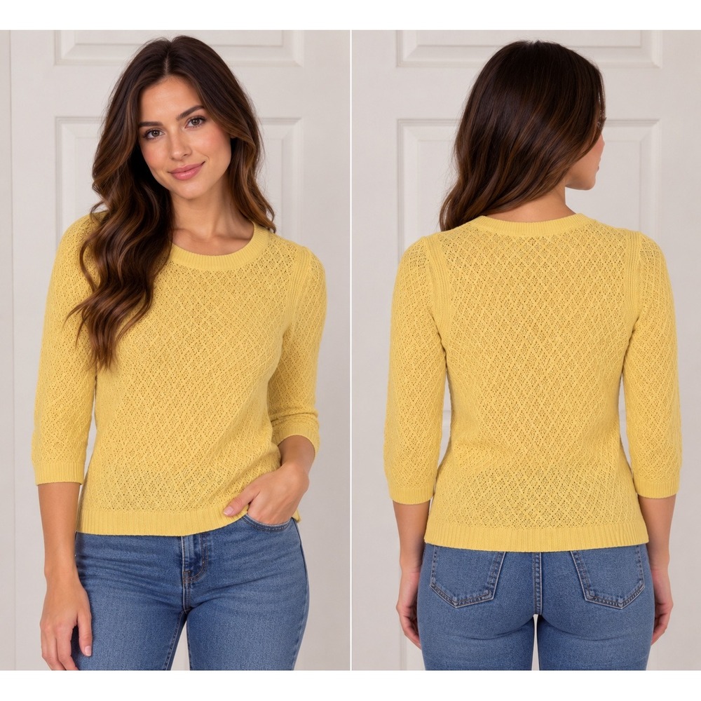 Talbots Petites Yellow Cotton Pointelle Knit 3/4 Sleeve Sweater Size P NWOT